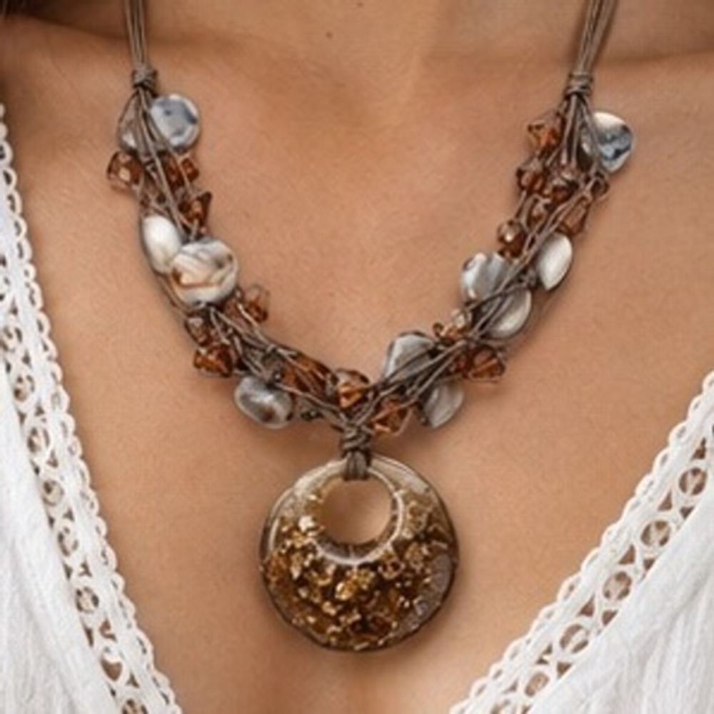 Gold Flake Cord Necklace Resin Donut Pendant Multi Strand Earthy Toned Stones